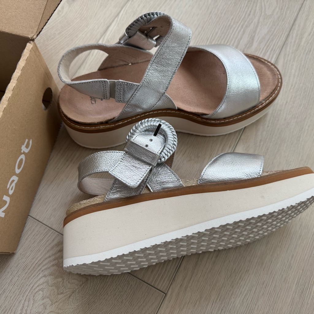 Naot Silver Sandals With Wide Straps And Contoured Footbed